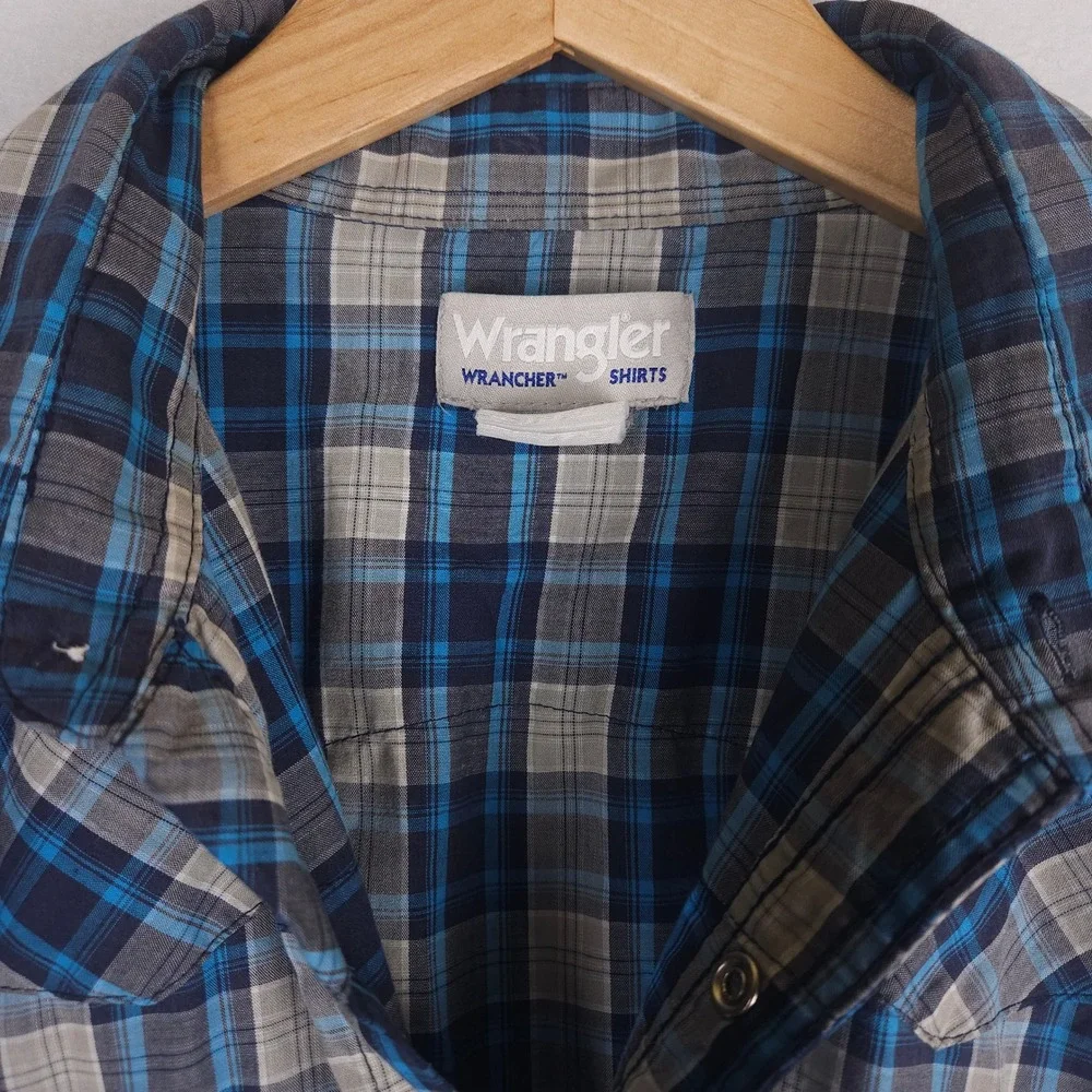 Vintage Wrangler‎ Wrancher Pearl Snap Shirt XL Blue Plaid Short Sleeve Western - Picture 4 of 8